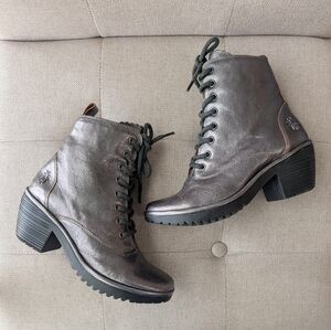 FLY LONDON Metallic Grey Combat Heeled Chunky Boots Size 6